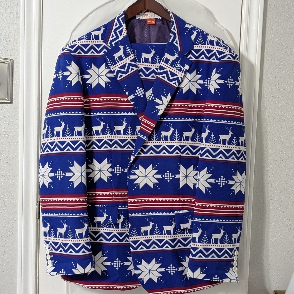 OppoSuits Christmas Holiday reindeer snowflake suit, 50 US, 41-42 waist